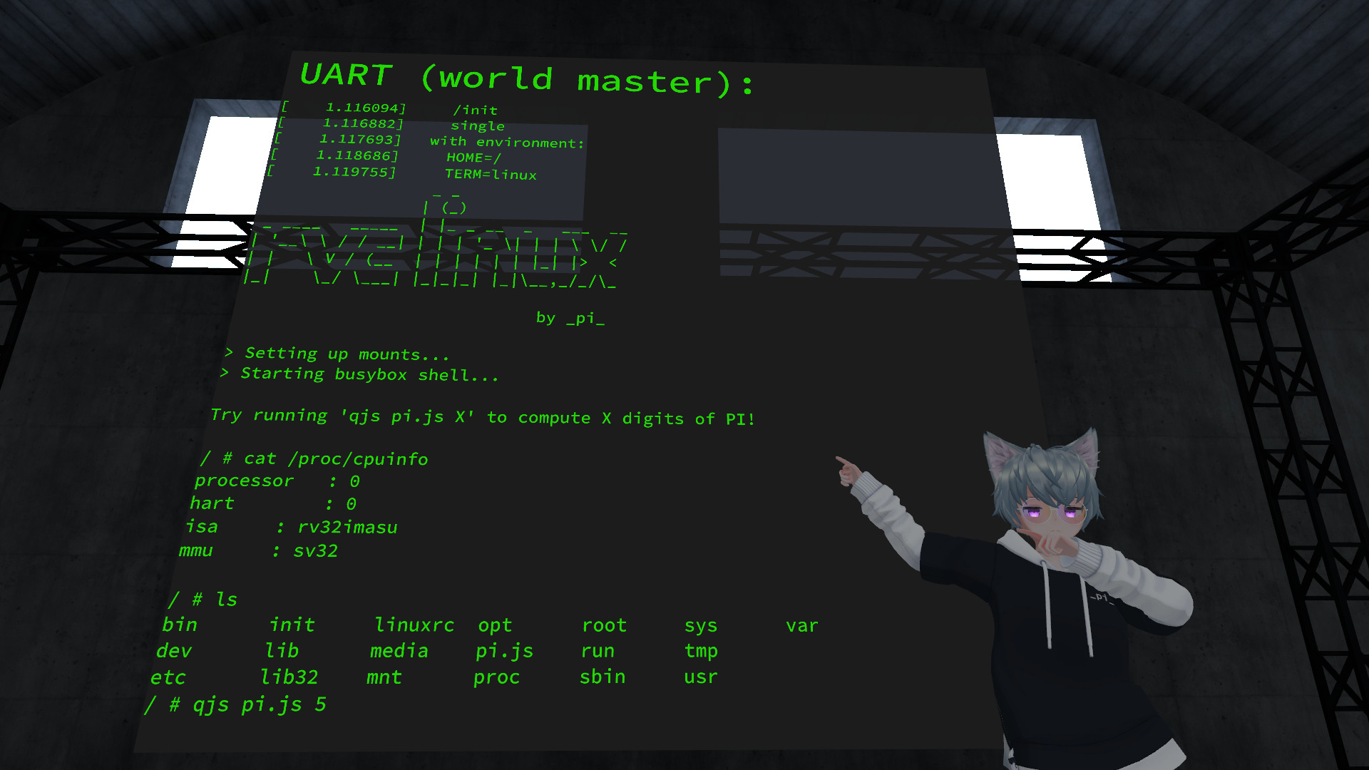 me standing in front of a booted linux in VRChat